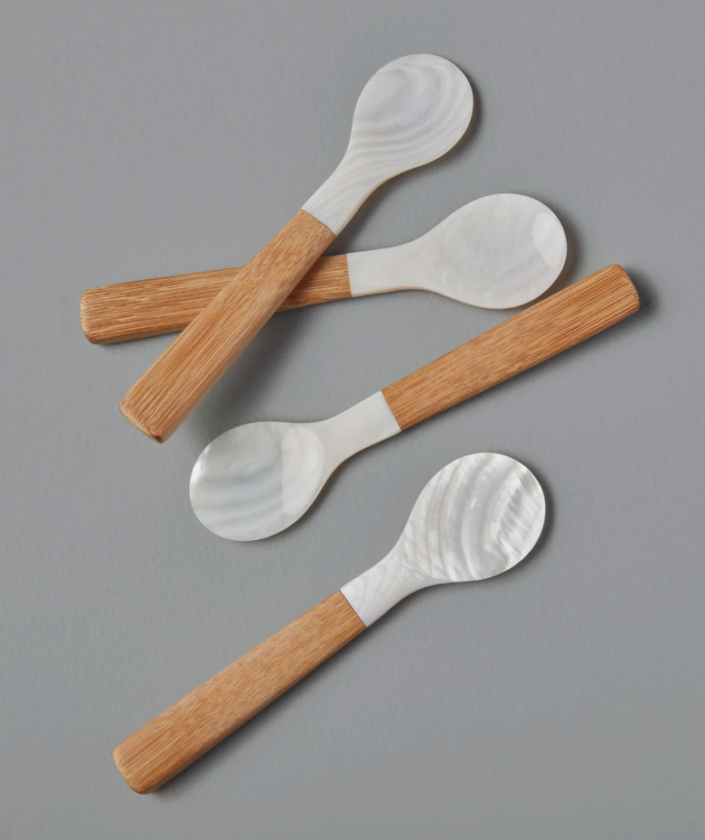 Large Seashell & Bamboo Spoons: Set/4