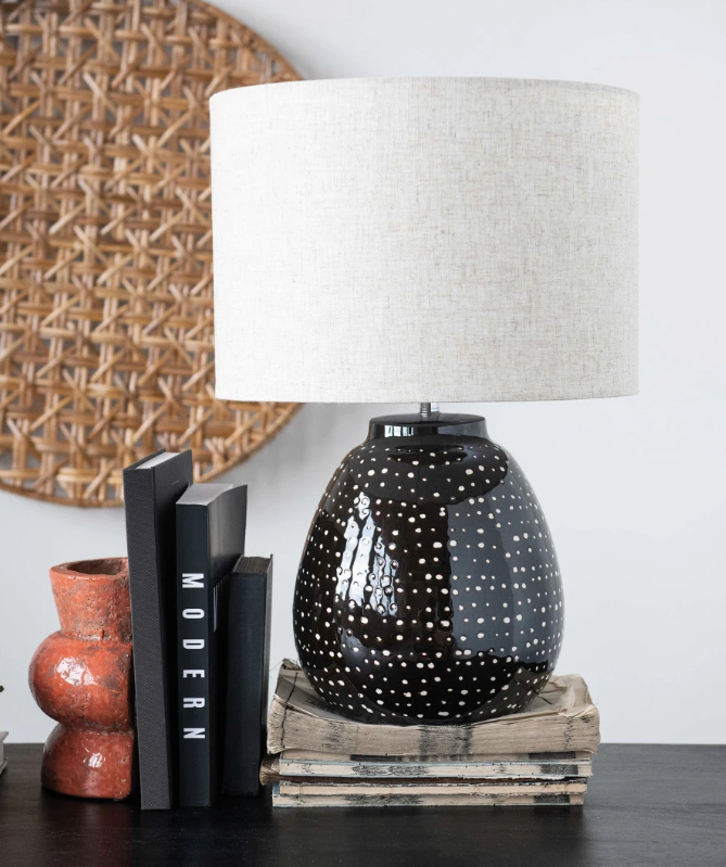 Stoneware Table Lamp, B/W Dots