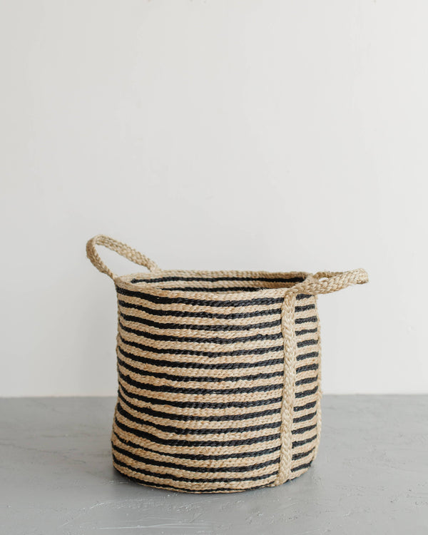 Round Laundry Basket, jute: Charcoal Stripes