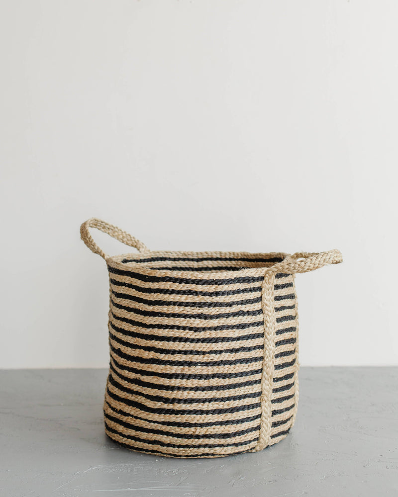 Round Laundry Basket, jute: Charcoal Stripes