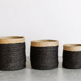 Tall Round Jute Storage Baskets Charcoal Natural Band